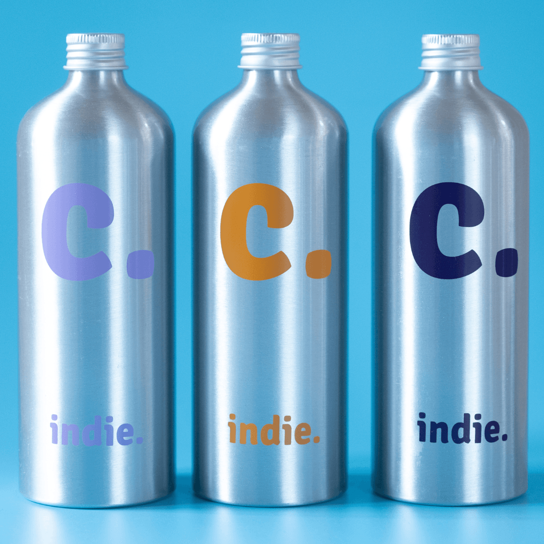 refillable conditioner bottles aluminium purple orange and navy